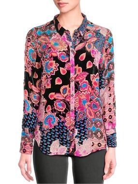 JOHNNY WAS Yrene Burnout Embellished Velvet Silk Blend Button Down Shirt Vibrant
